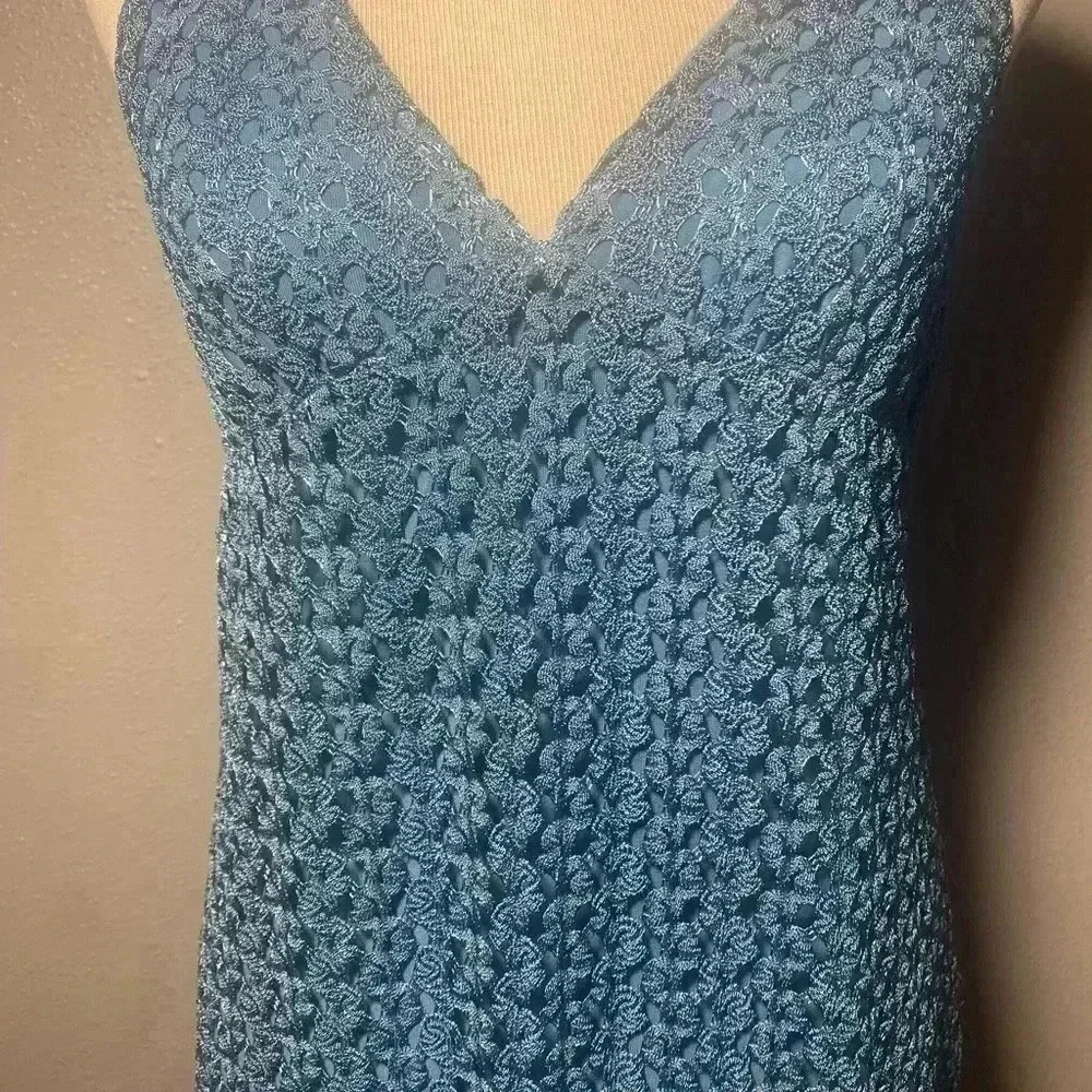 Crochet Maxi lined Halter Dress By Forever 21 SZ Medium Blue Mermaid Sexy Boho - Picture 2 of 5